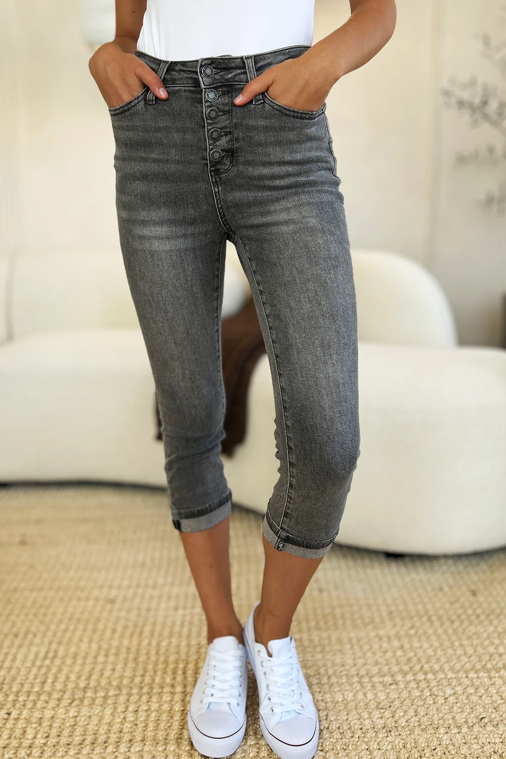 Judy Blue Full Size Button Fly High Waist Cuffed Capris - Image 2