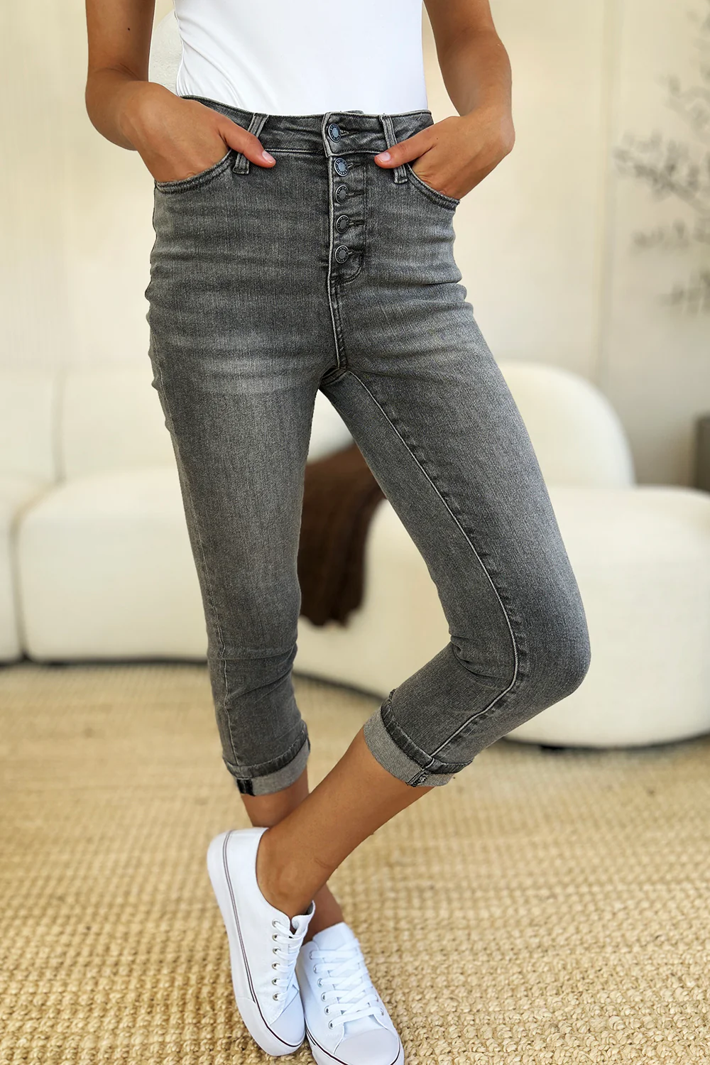 Judy Blue Full Size Button Fly High Waist Cuffed Capris - Image 6