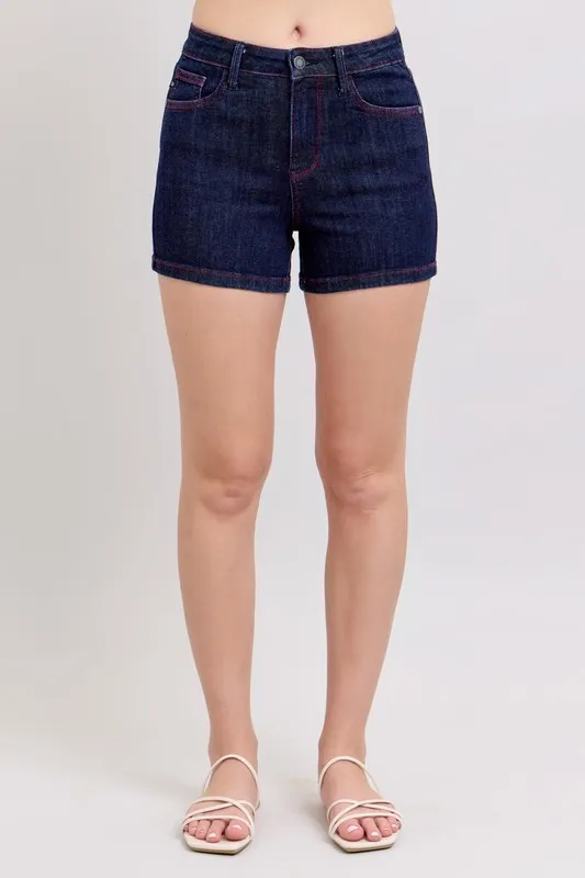 Judy Blue Full Size High Waist Heart Shaped Pkts & Red Contrast Thread Denim Shorts Plus Size