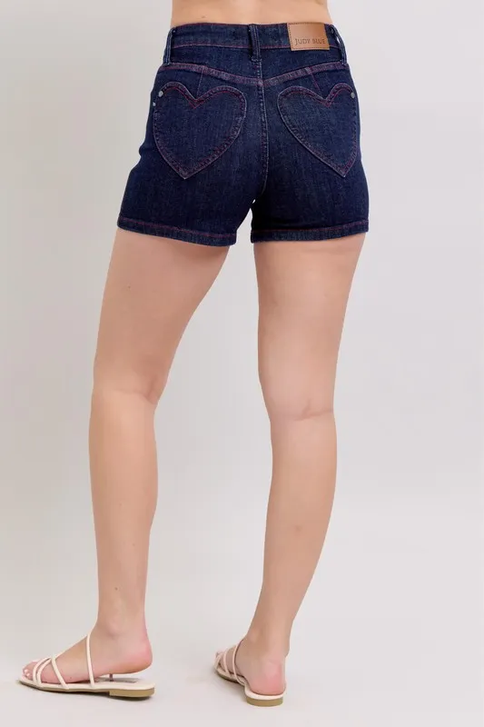 Judy Blue Full Size High Waist Heart Shaped Pkts & Red Contrast Thread Denim Shorts Plus Size - Image 2