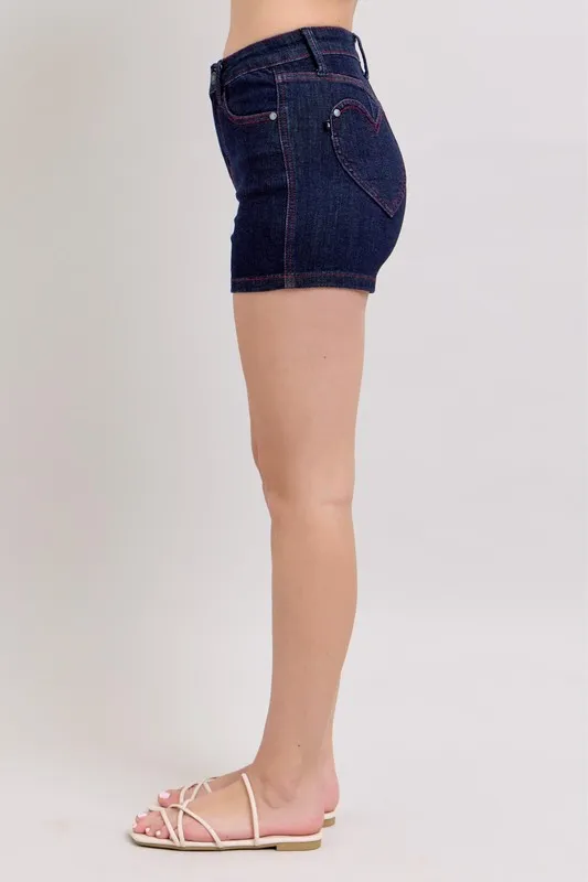 Judy Blue Full Size High Waist Heart Shaped Pkts & Red Contrast Thread Denim Shorts Plus Size - Image 3