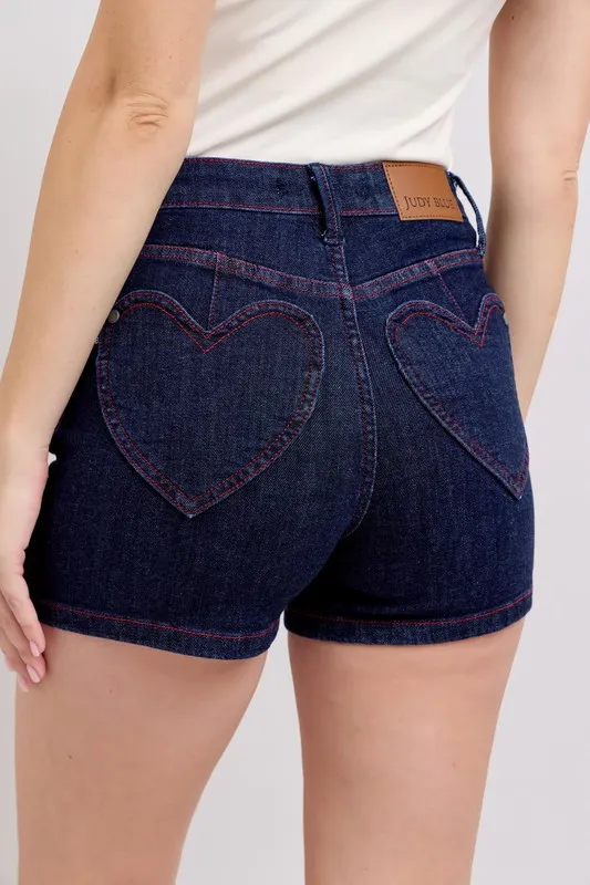 Judy Blue Full Size High Waist Heart Shaped Pkts & Red Contrast Thread Denim Shorts Plus Size - Image 5