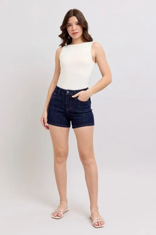 Judy Blue Full Size High Waist Heart Shaped Pkts & Red Contrast Thread Denim Shorts Plus Size - Image 6
