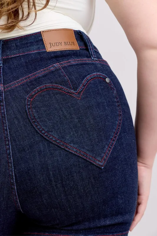 Judy Blue Full Size High Waist Heart Shaped Pkts & Red Contrast Thread Denim Shorts Plus Size - Image 8
