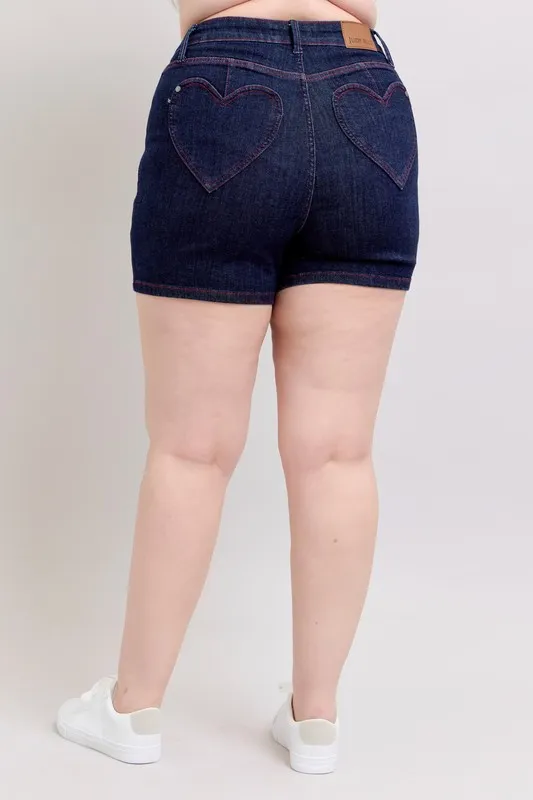 Judy Blue Full Size High Waist Heart Shaped Pkts & Red Contrast Thread Denim Shorts Plus Size - Image 9