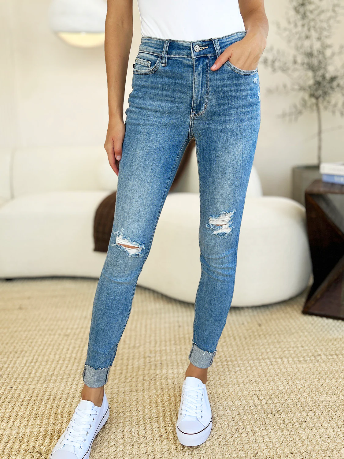 Judy Blue Full Size Mid Rise Destroy & Cuff Skinny Jeans - Image 7
