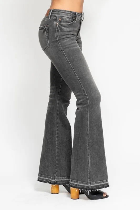 Judy Blue Full Size Mid Rise Tummy Control Washed Gray Release Hem Flare Jeans Plus Size - Image 6