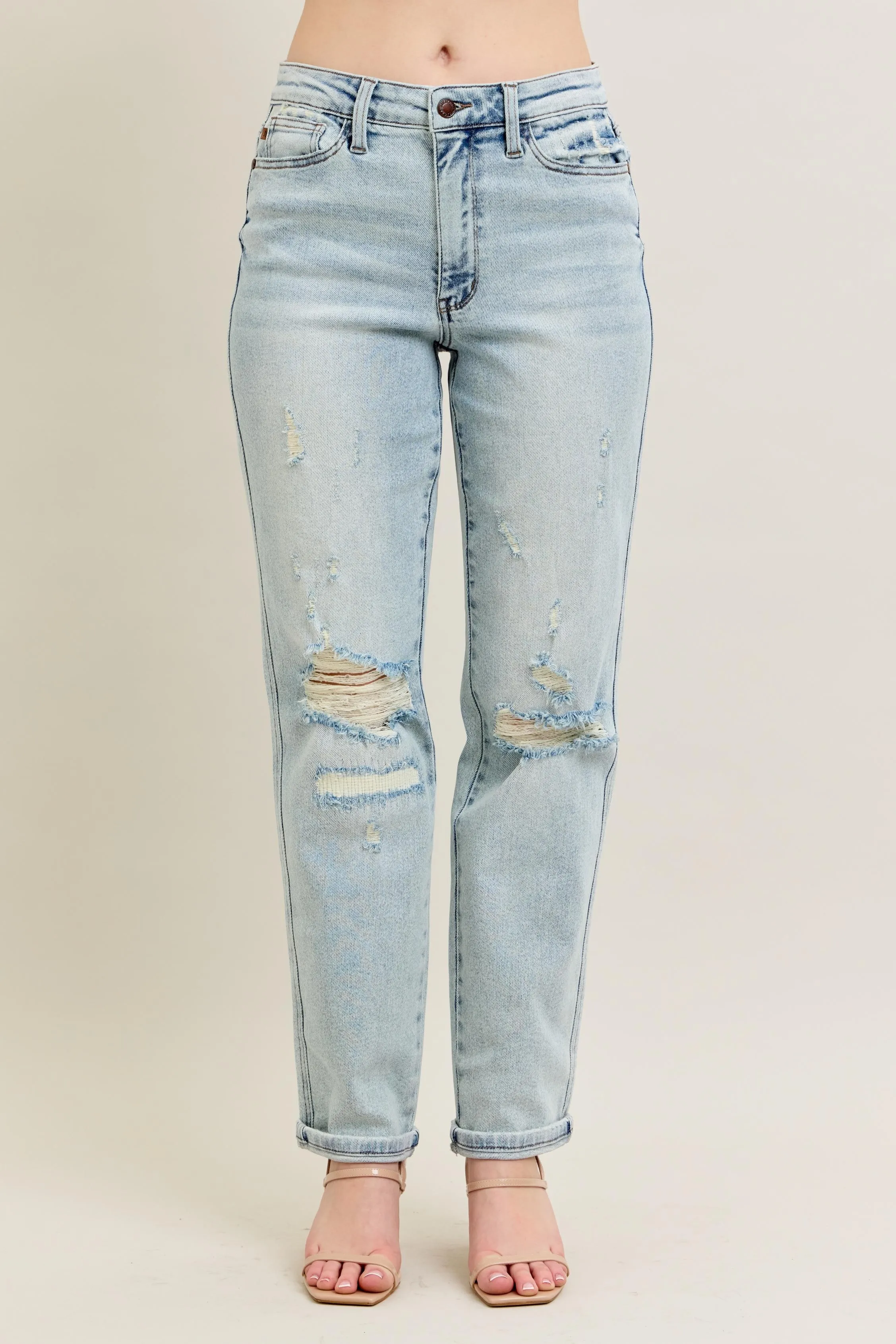 Judy Blue Full Size Mr Repair Stitch Detail Destroy Single Cuff Bf Jeans Plus Size