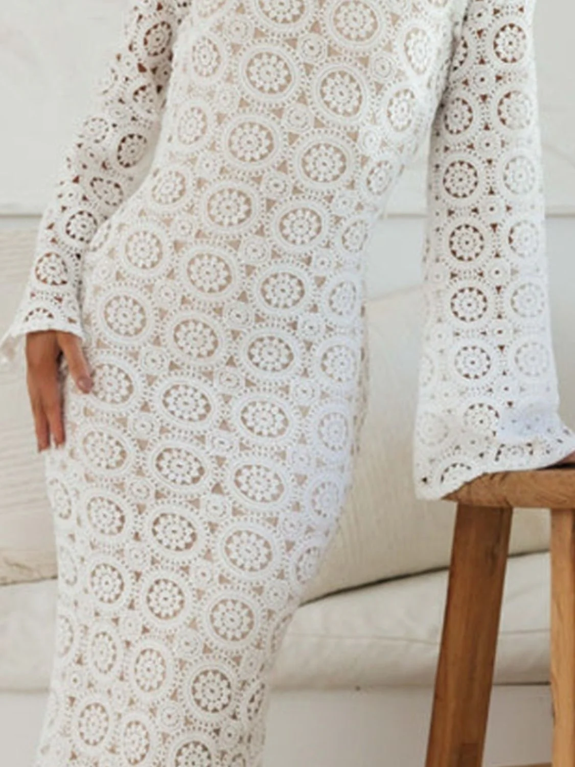 Lace Backless Round Neck Flare Sleeve Dress - Image 3