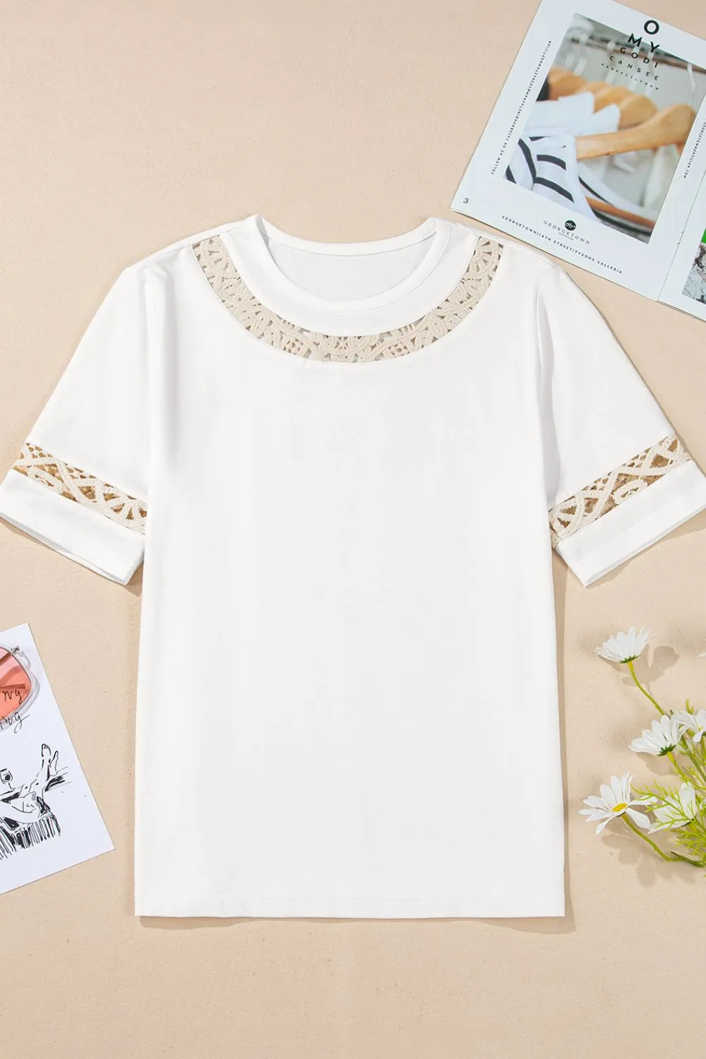 Lace Crochet Crew Neck Casual T Shirt - Image 6