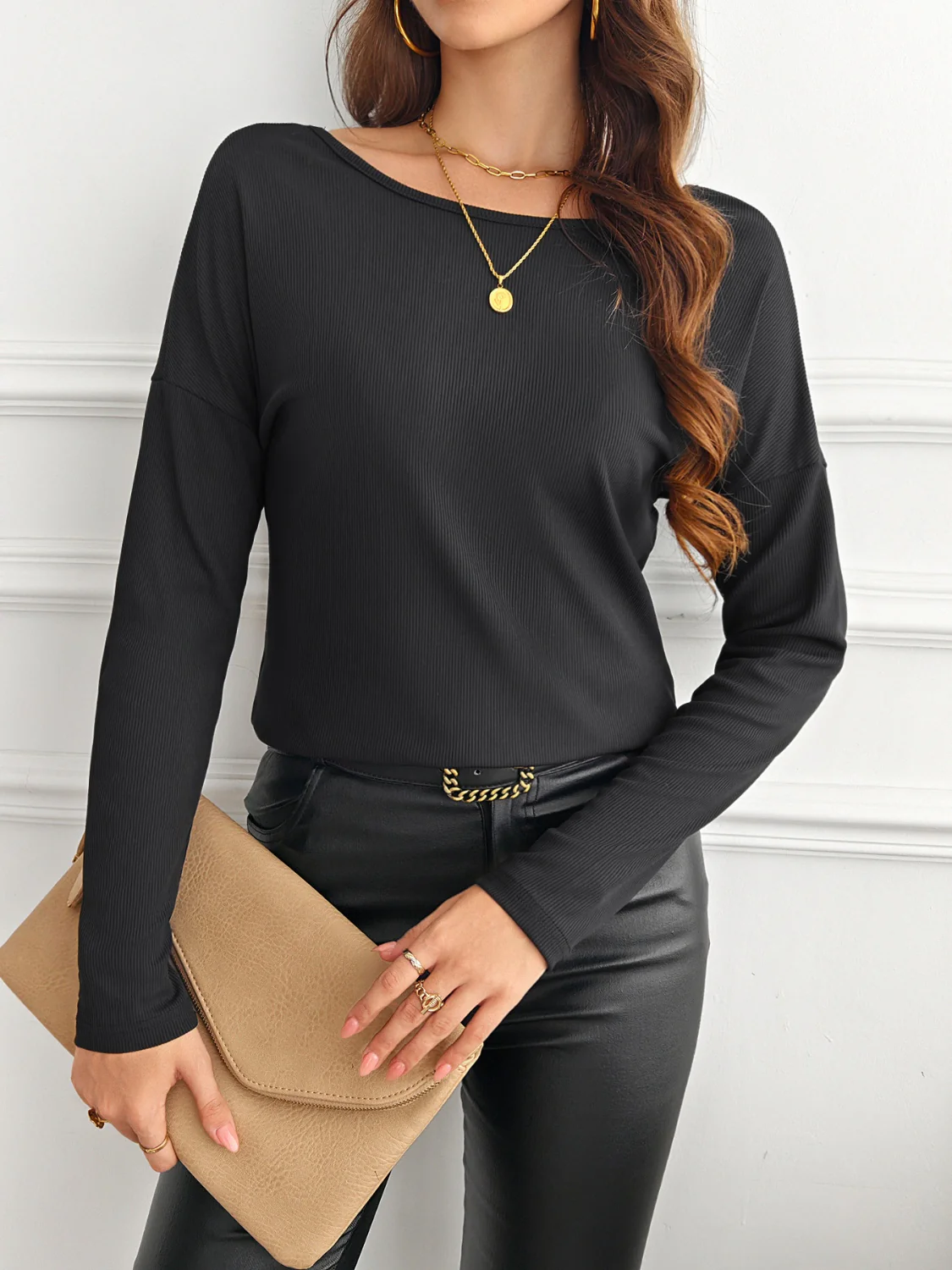 Lace Detail Butterfly Back Round Neck Long Sleeve T-Shirt - Image 7