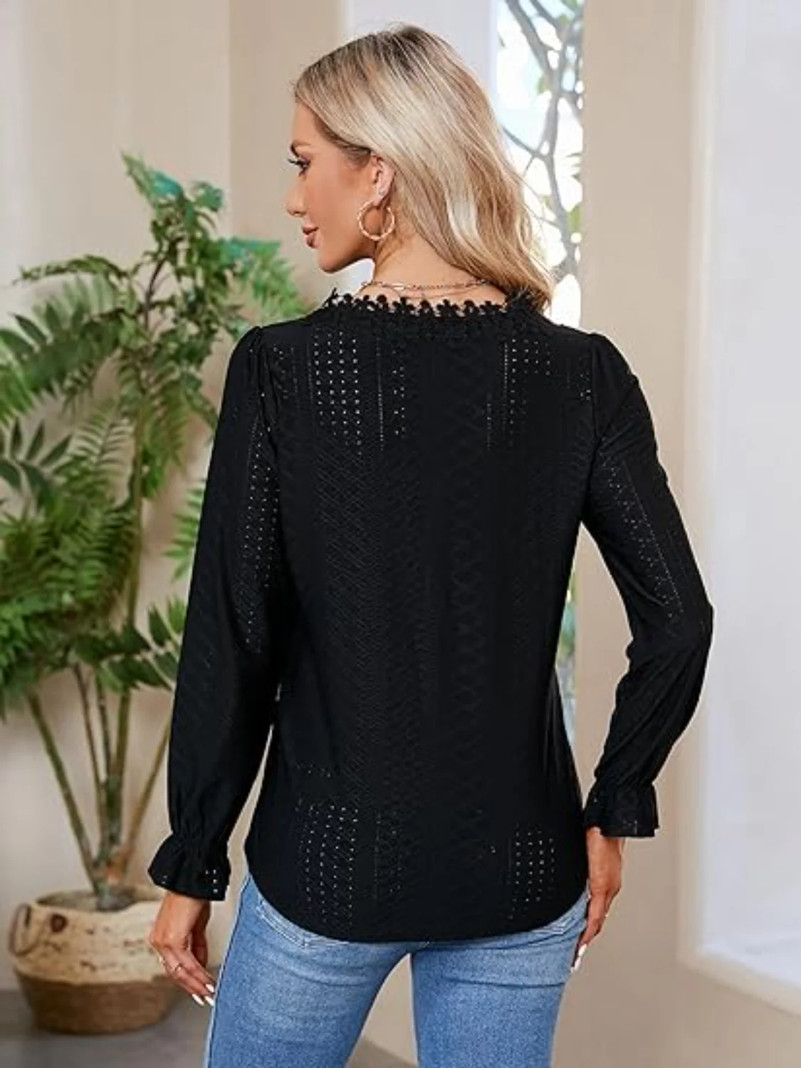 Lace Detail Eyelet V-Neck Flounce Sleeve Blouse - Image 13