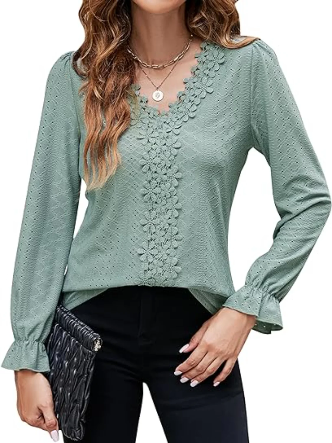 Lace Detail Eyelet V-Neck Flounce Sleeve Blouse - Image 6