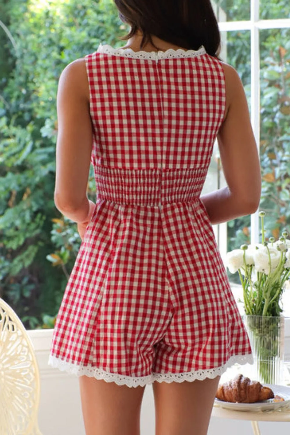 Lace Detail Plaid Sleeveless Romper - Image 7