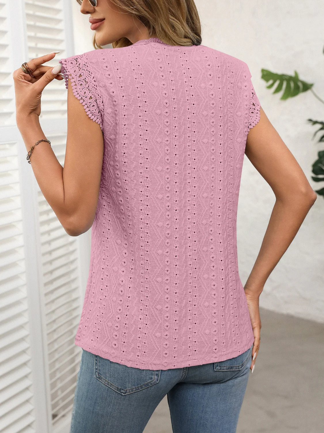 Lace Detail Round Neck Cap Sleeve Top - Image 17