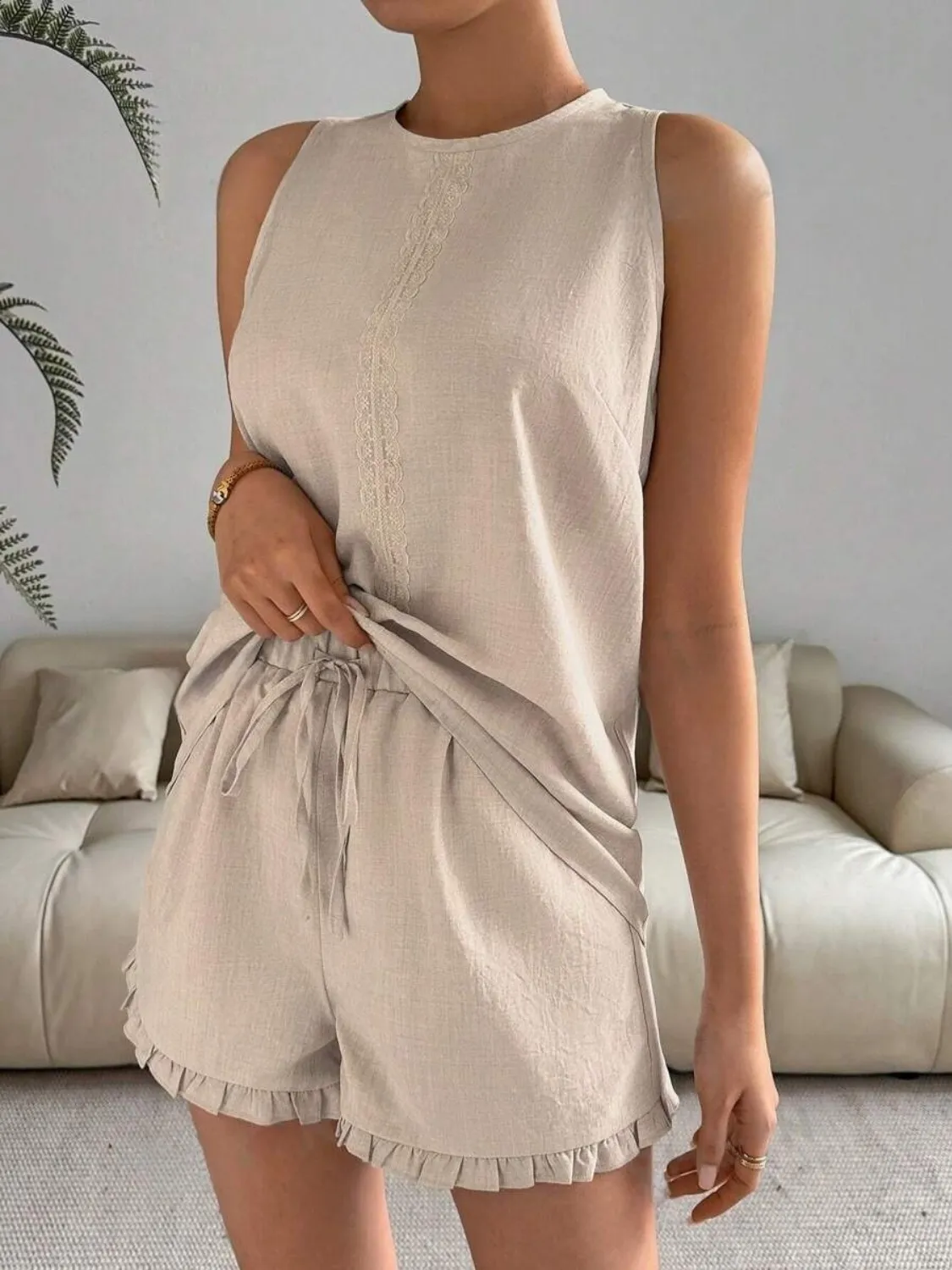 Lace Detail Round Neck Tank and Shorts Set - Image 2