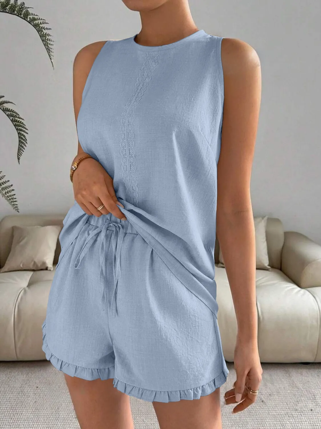 Lace Detail Round Neck Tank and Shorts Set - Image 7