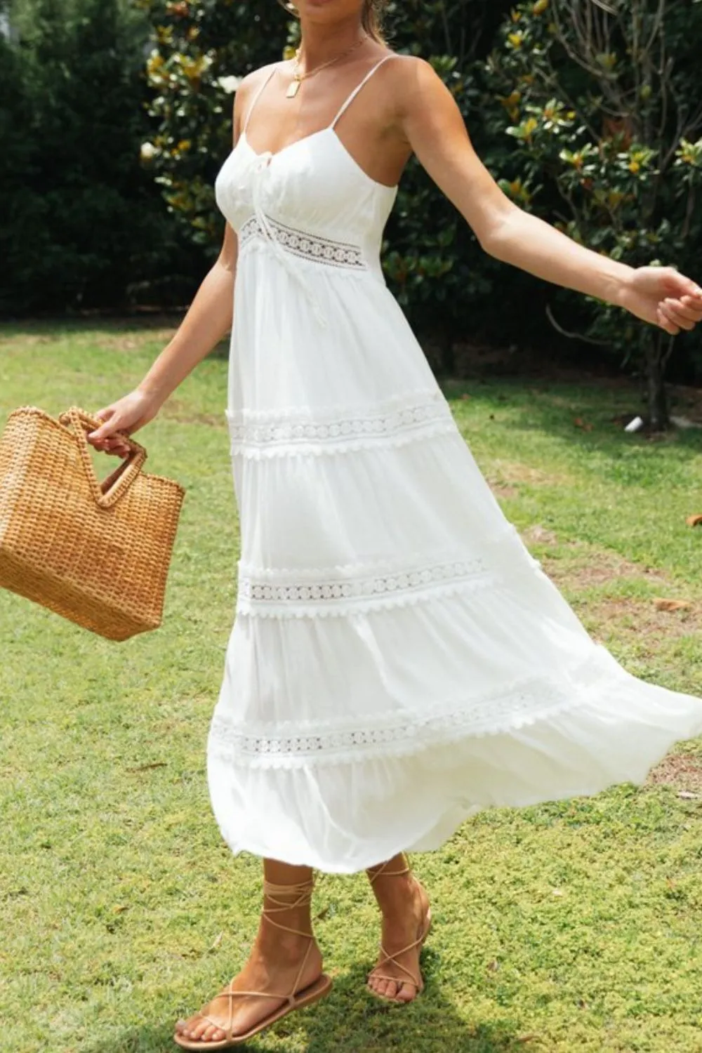 Lace Detail Smocked Midi Cami Dress - Image 3
