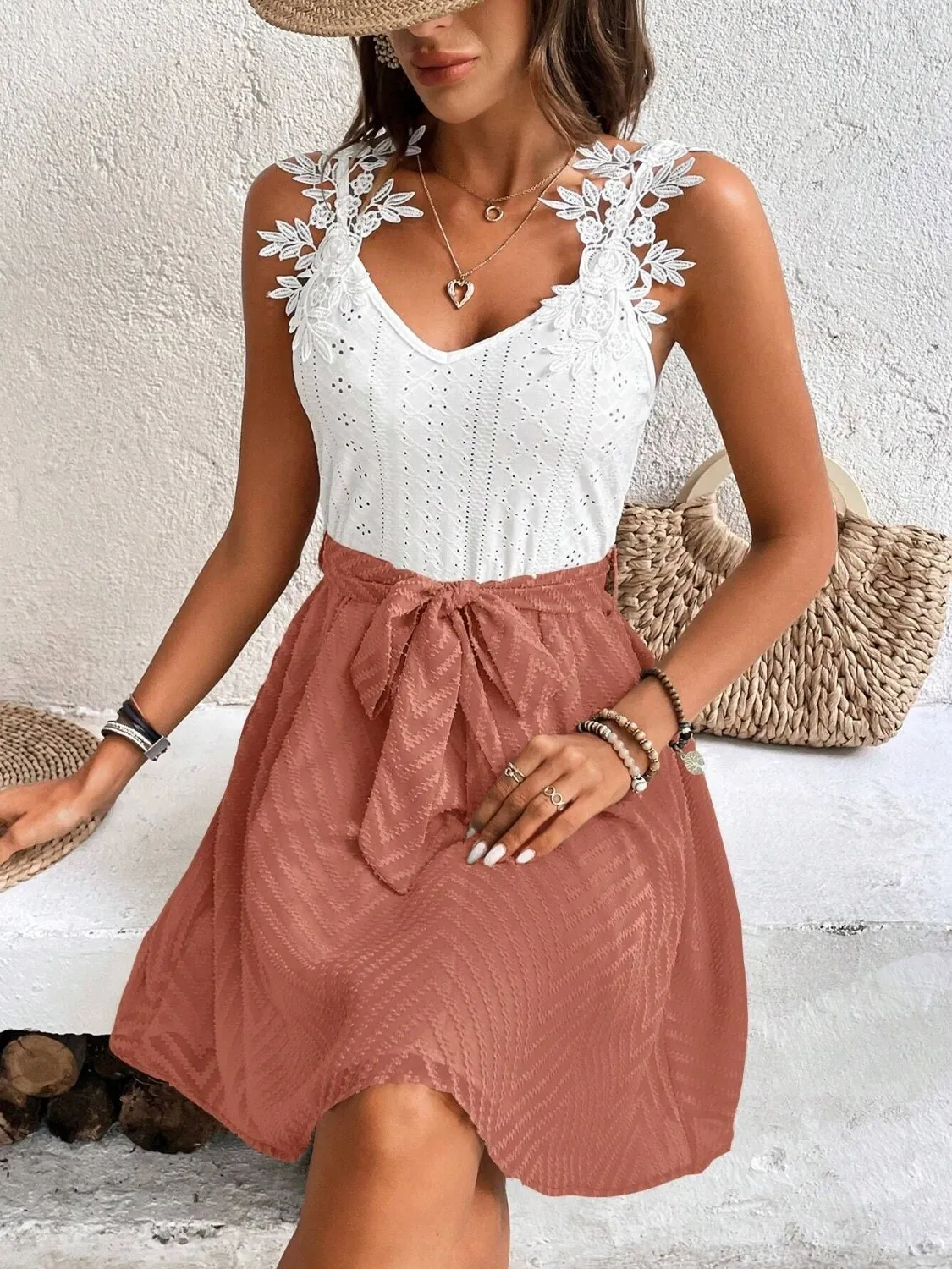 Lace Detail Tie Waist Mini Cami Dress - Image 6