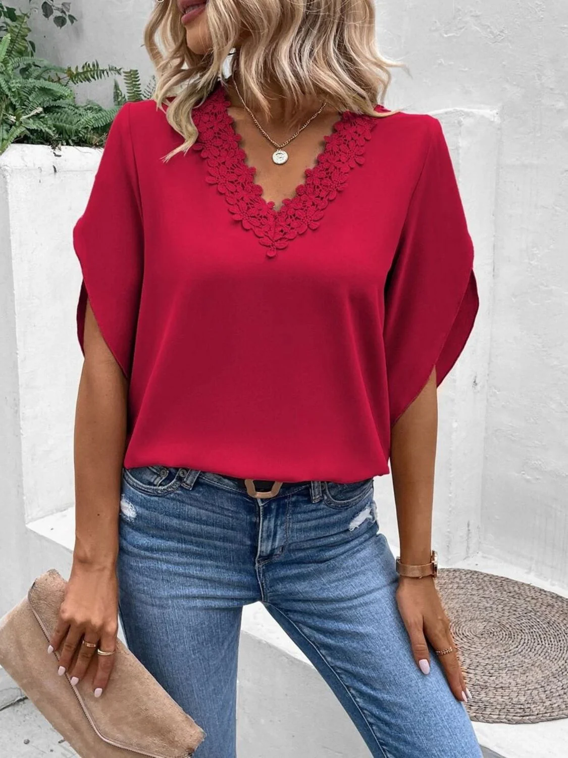 Lace Detail V-Neck Half Sleeve Blouse - Image 13