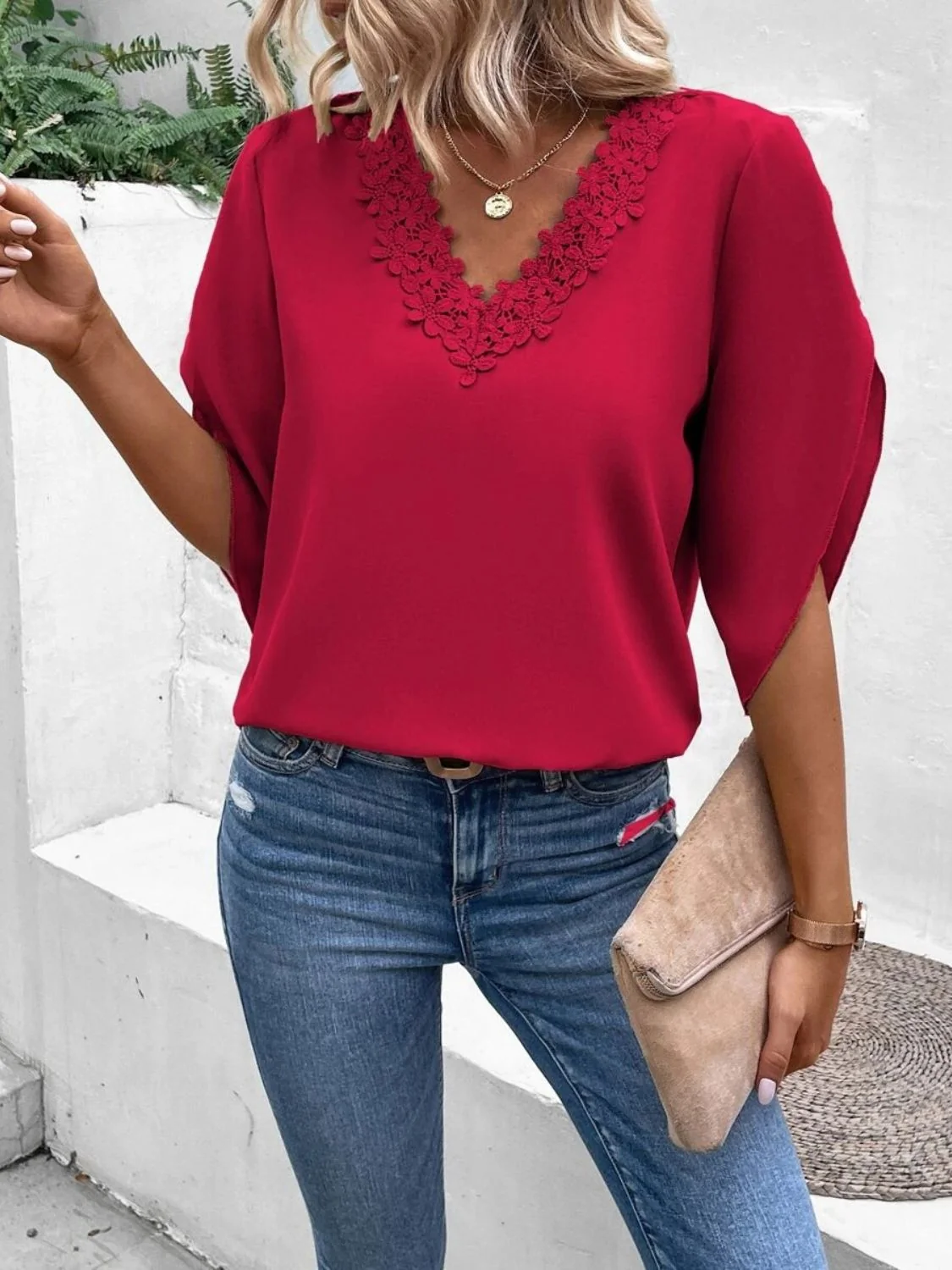 Lace Detail V-Neck Half Sleeve Blouse - Image 16