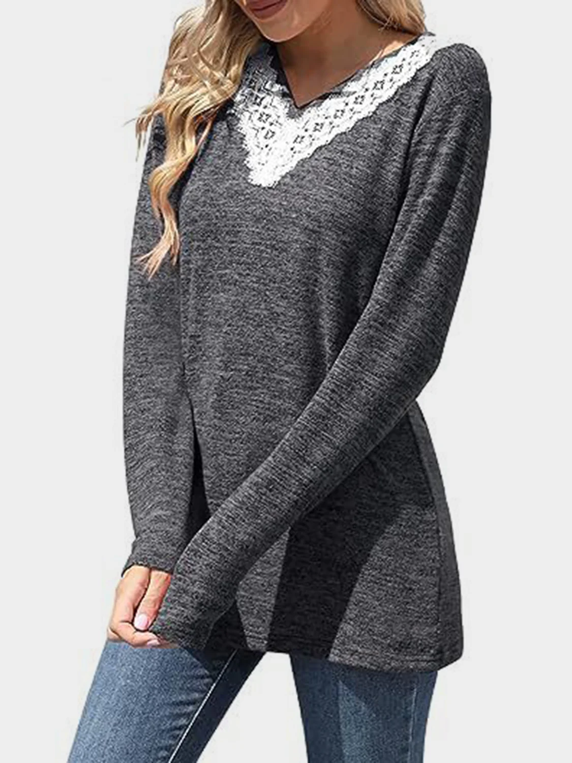 Lace Detail V-Neck Long Sleeve T-Shirt - Image 7