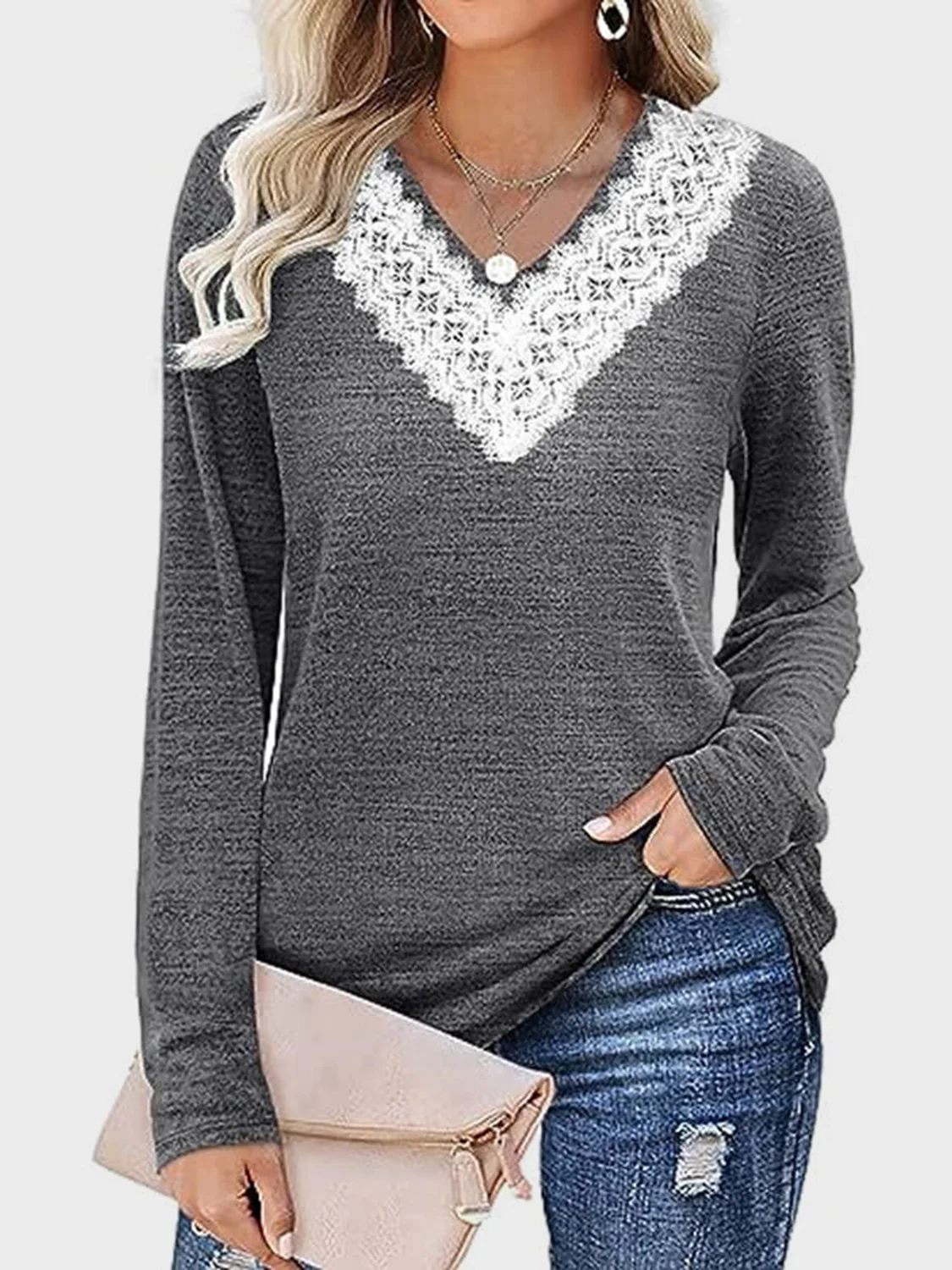 Lace Detail V-Neck Long Sleeve T-Shirt - Image 9