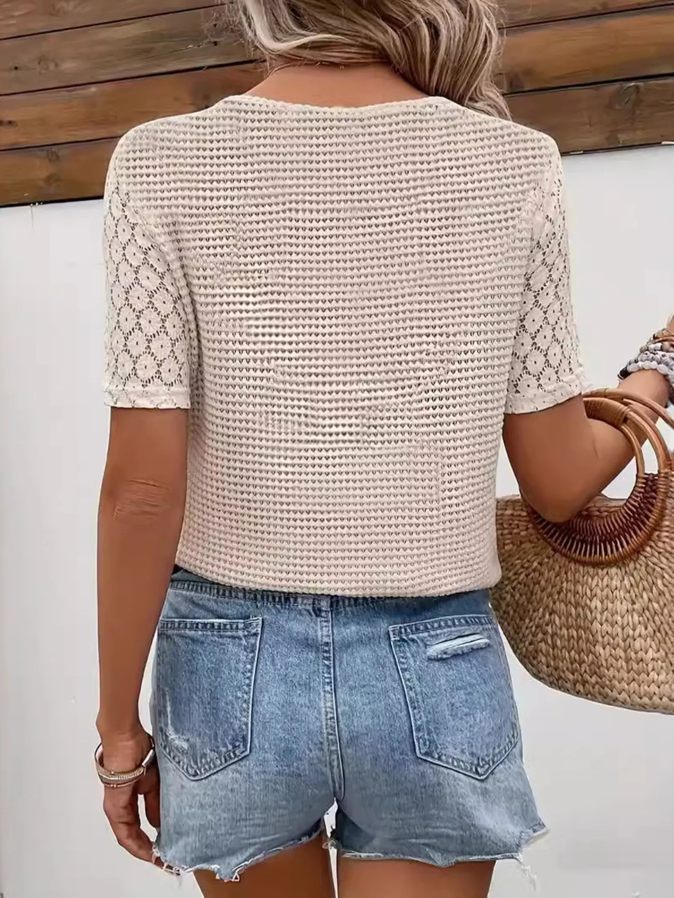 Lace Sleeve V-neck Waffle Knit Top - Image 4