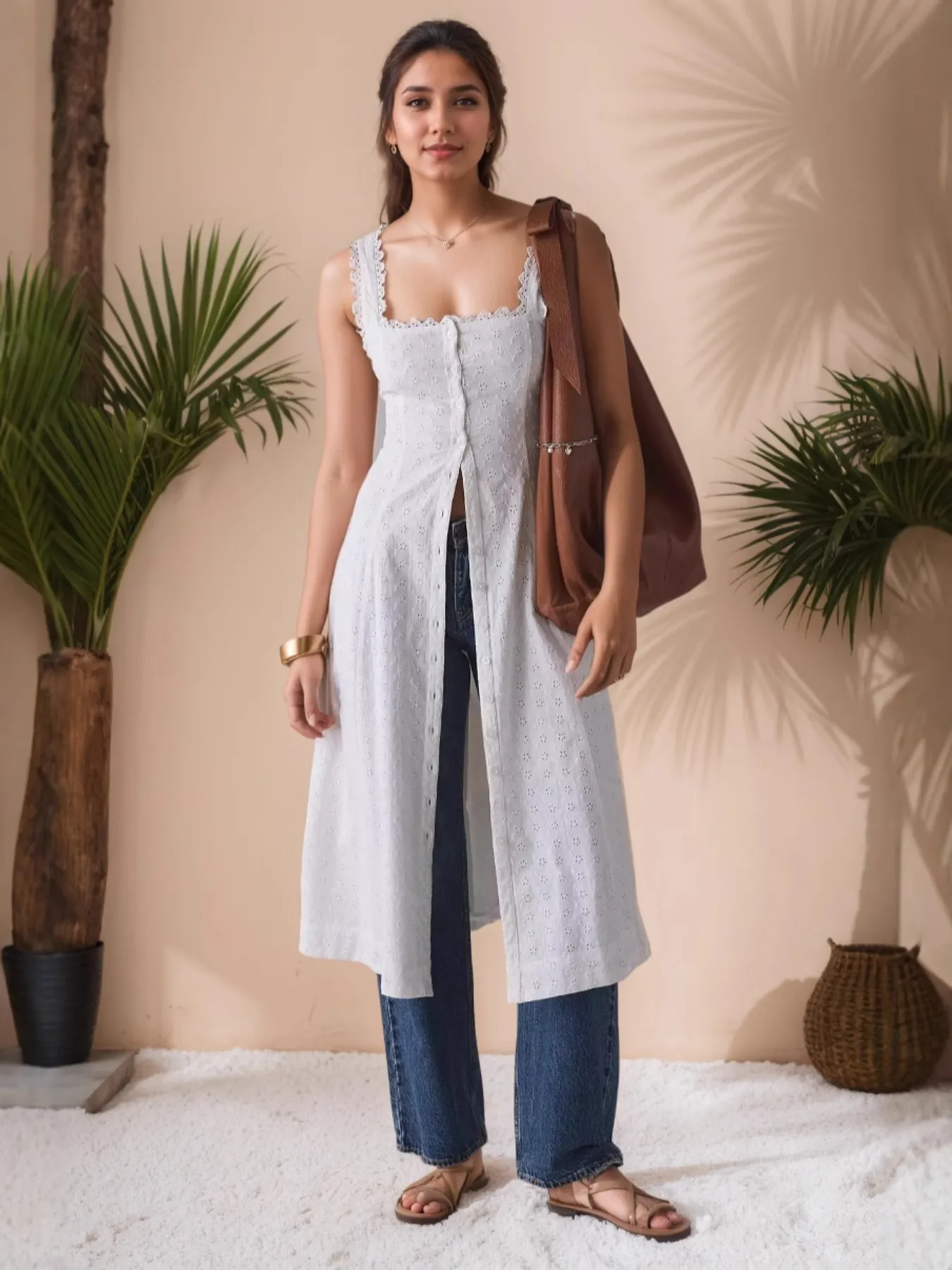 Lace Trim Button Front Square Neck Midi Dress - Image 3