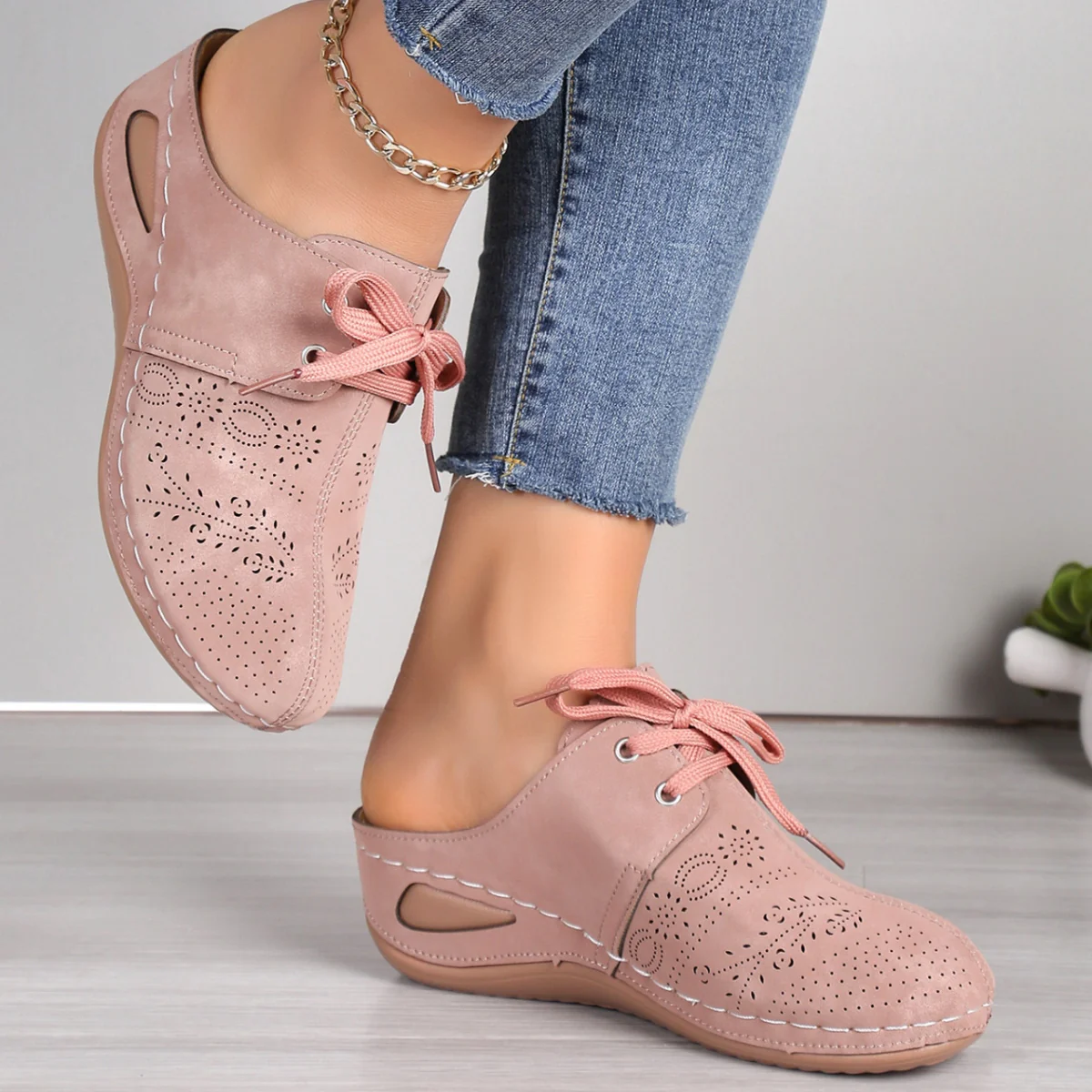 Lace-Up Round Toe Wedge Sandals - Image 2