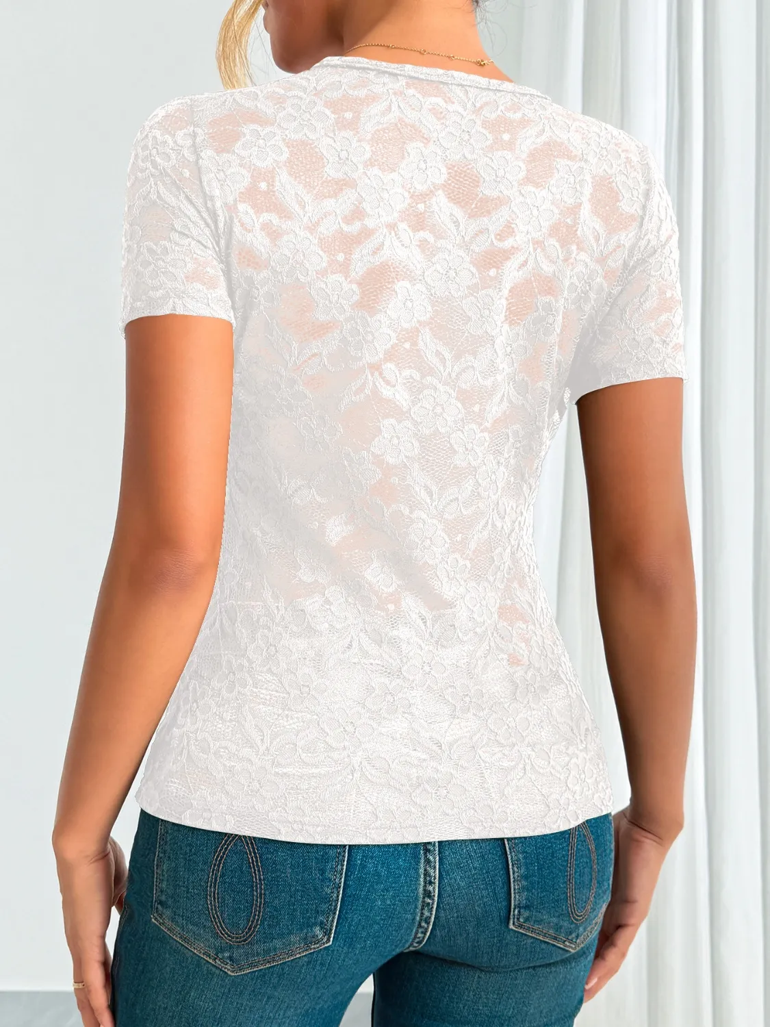Lace V-Neck Short Sleeve Top - Image 12