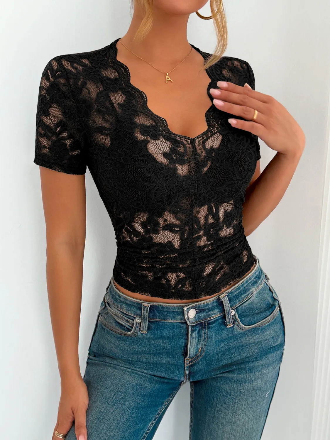 Lace V-Neck Short Sleeve Top - Image 8