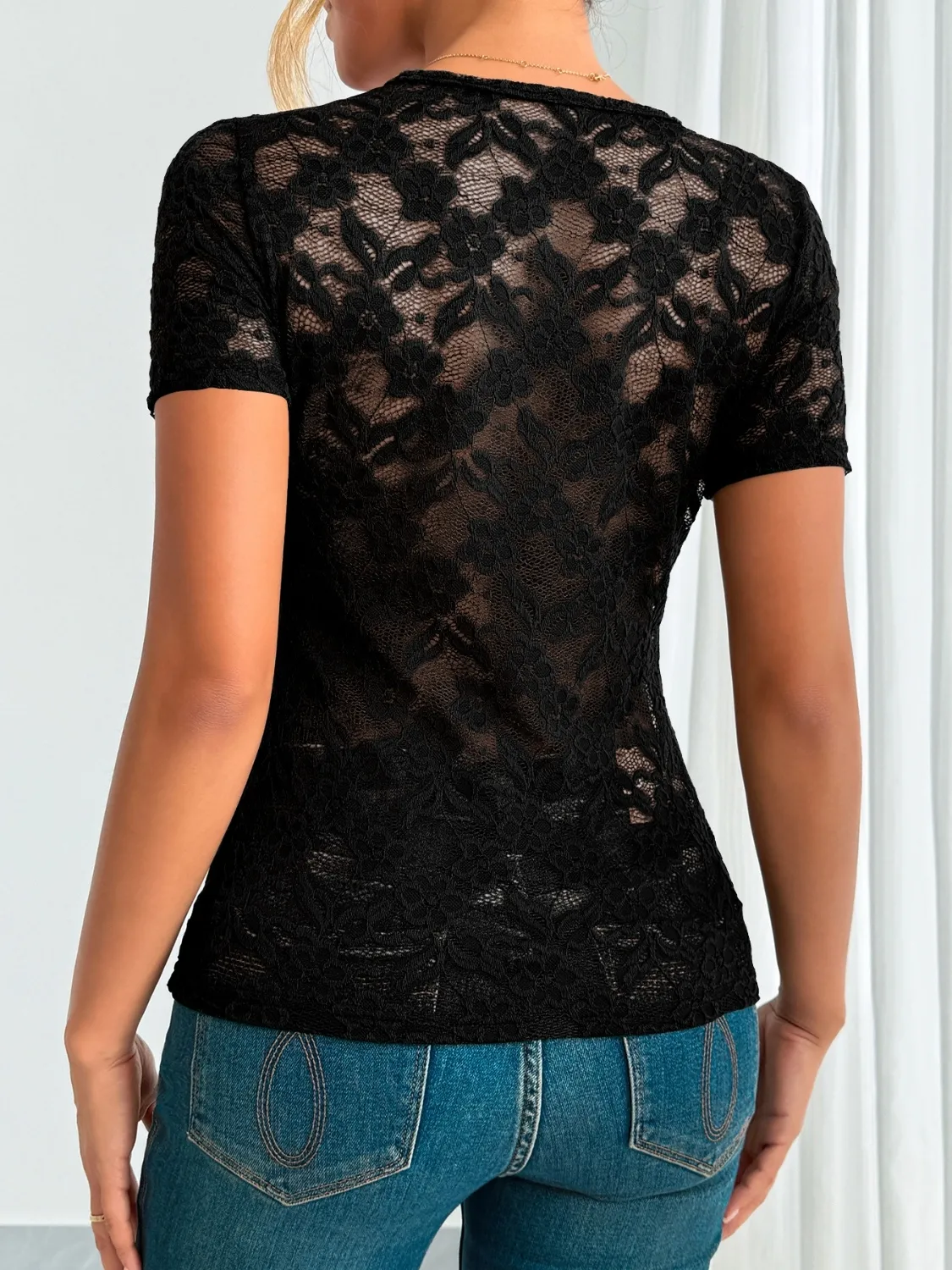 Lace V-Neck Short Sleeve Top - Image 9