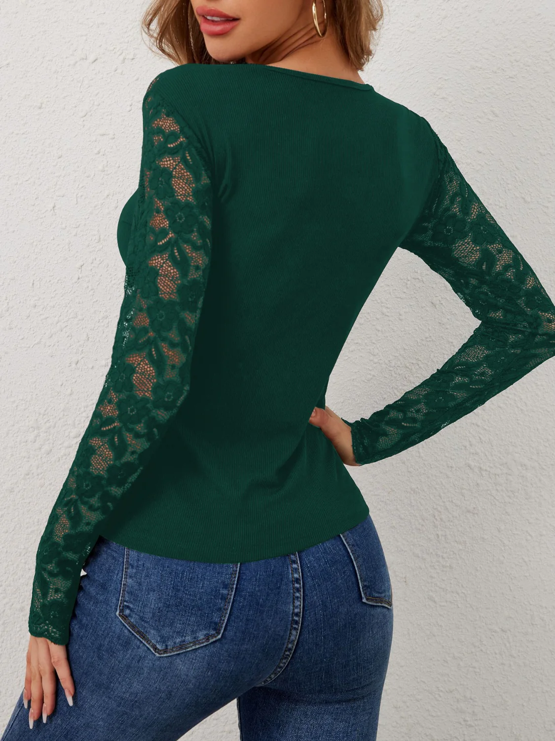 Lace Wavy Hem V-Neck Long Sleeve Top - Image 15