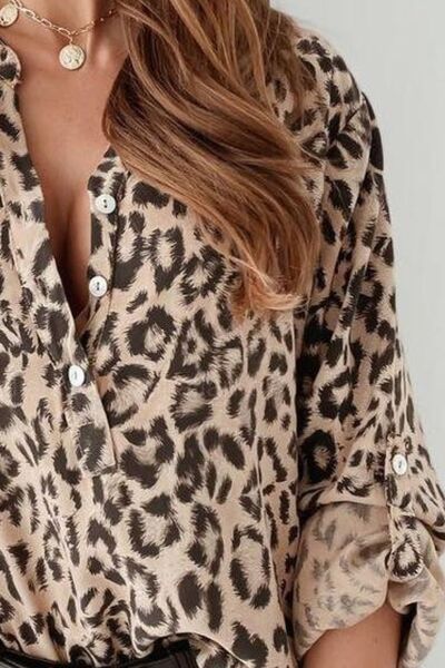 Leopard Button Detail Notched Long Sleeve Blouse - Image 3