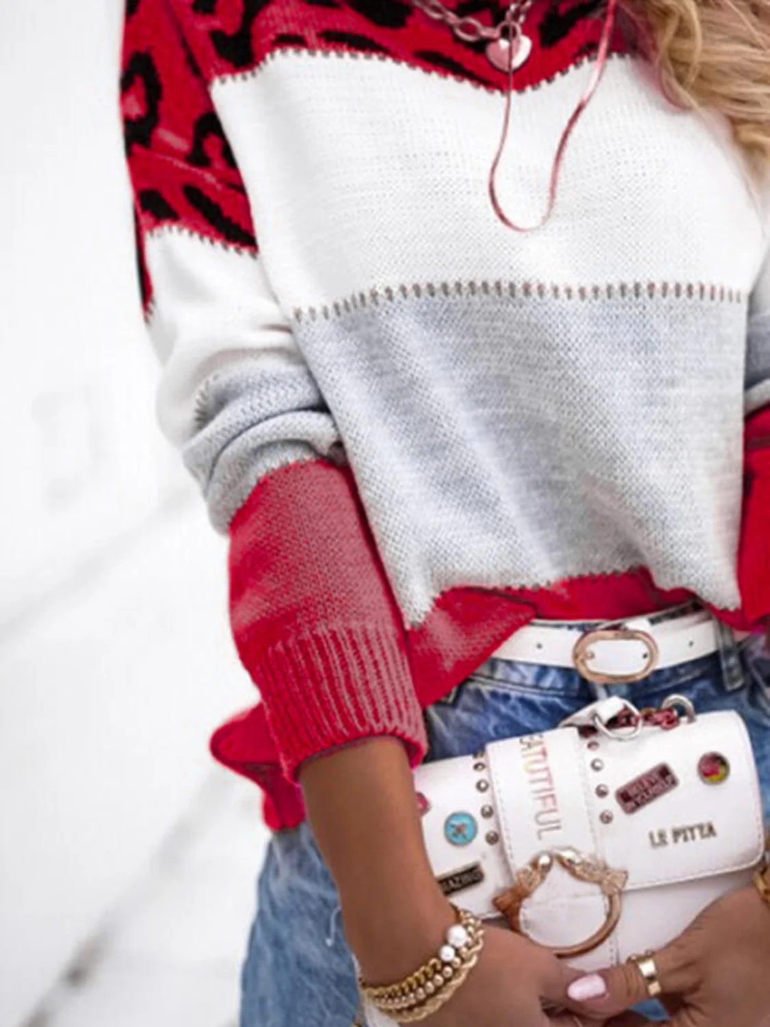 Leopard Color Block Round Neck Long Sleeve Sweater - Image 15