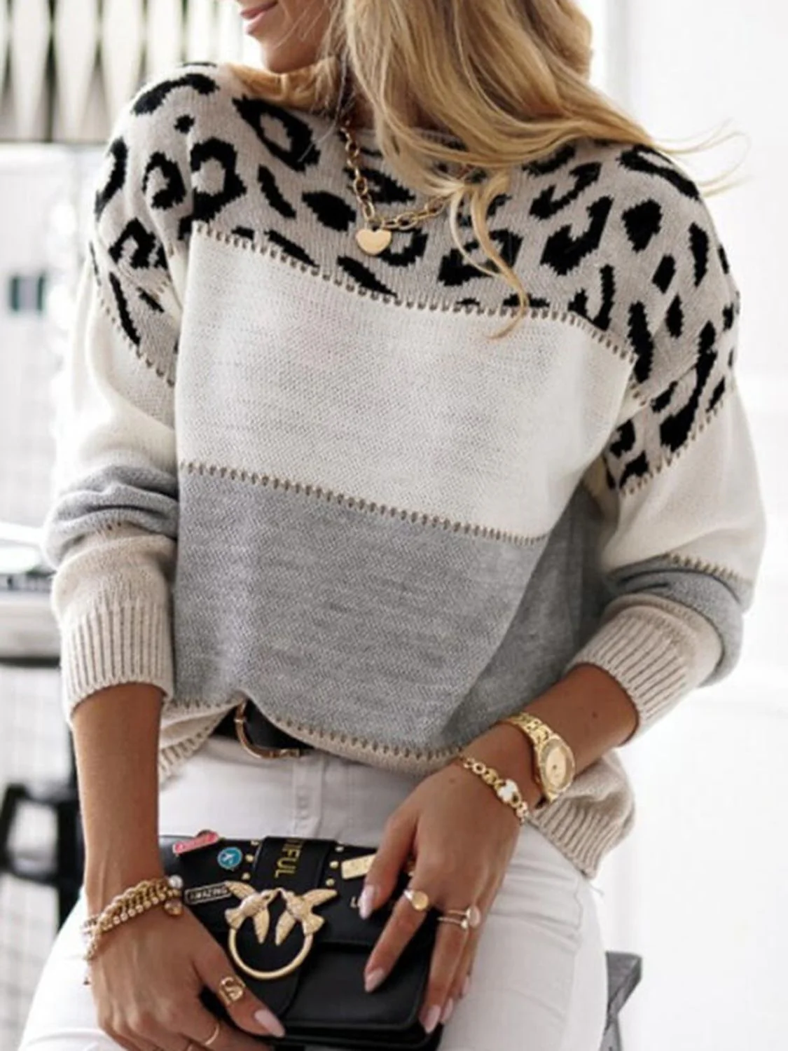 Leopard Color Block Round Neck Long Sleeve Sweater - Image 4