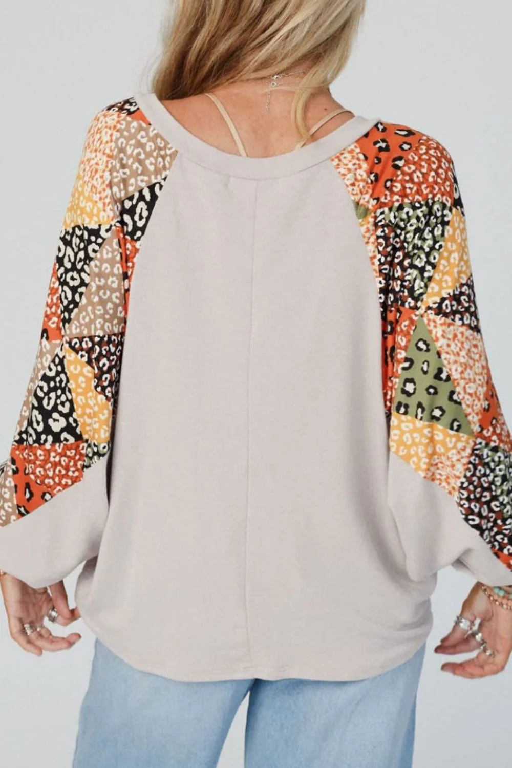 Leopard Contrast V-Neck Long Sleeve Blouse - Image 3