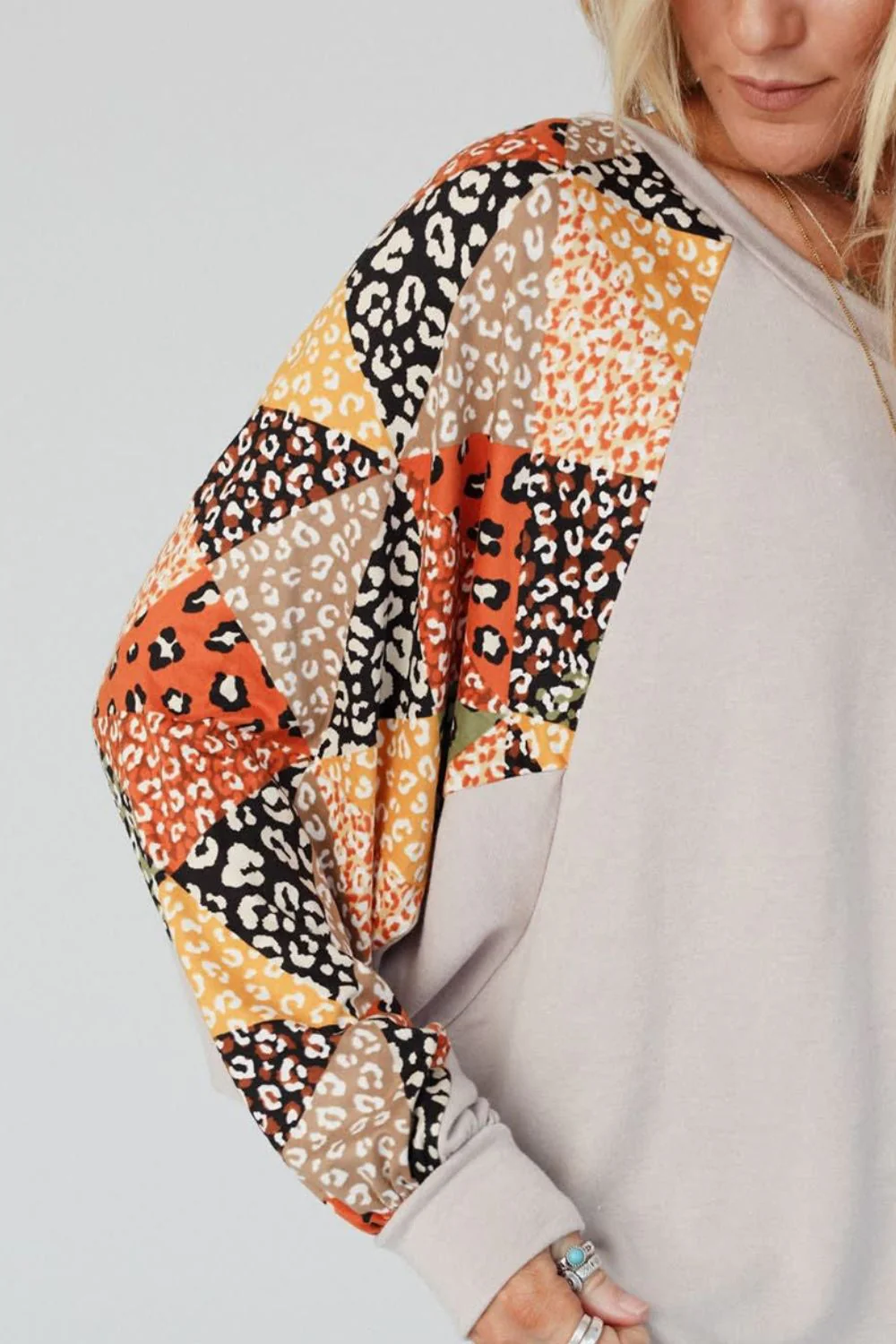 Leopard Contrast V-Neck Long Sleeve Blouse - Image 6