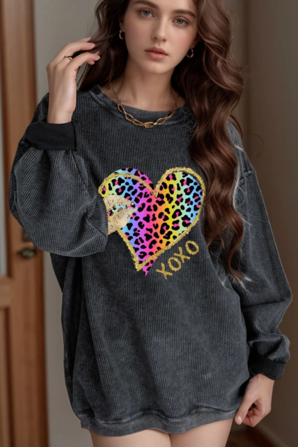 Leopard Heart Drop Shoulder Long Sleeve Sweatshirt - Image 2