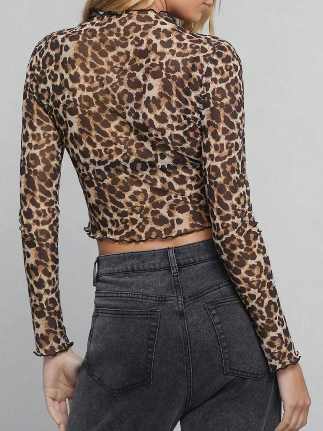 Leopard Mock Neck Long Sleeve Sheer Top - Image 2