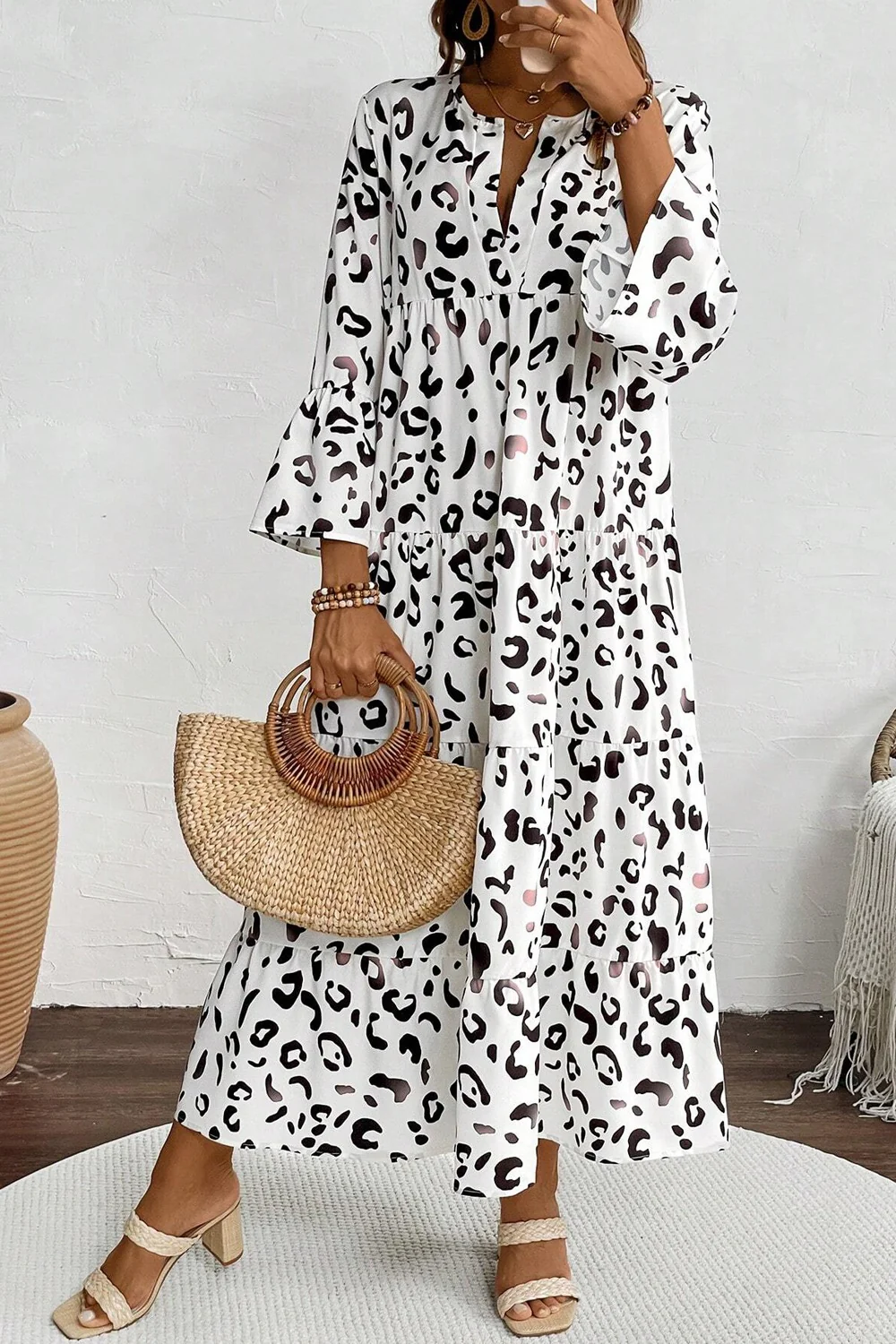 Leopard Notched Long Sleeve Dress - Image 3