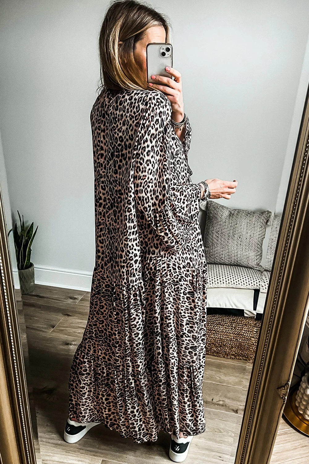 Leopard Notched Long Sleeve Maxi Dress - Image 3