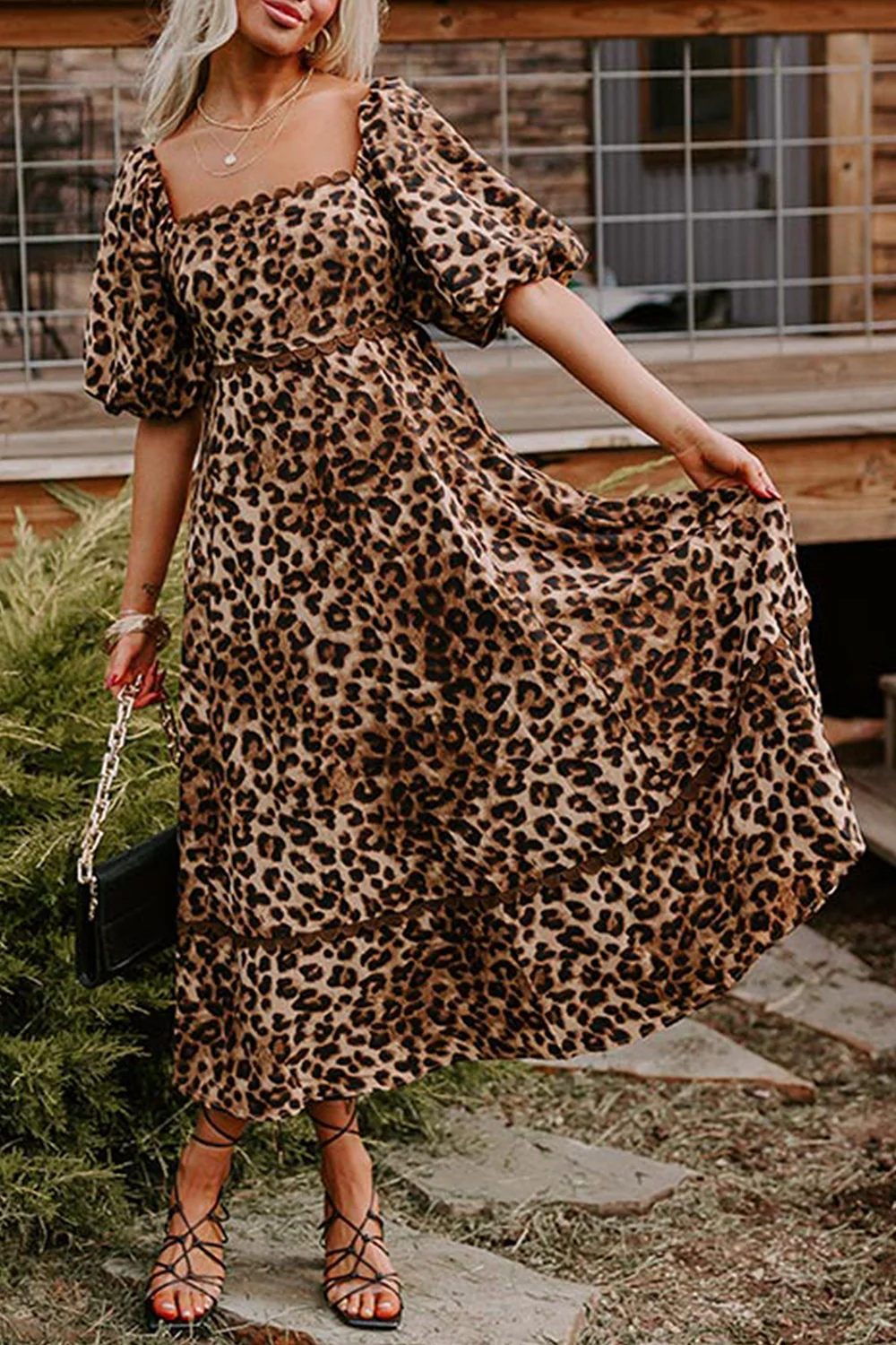 Leopard Square Neck Puff Sleeve Maxi Dress - Image 2