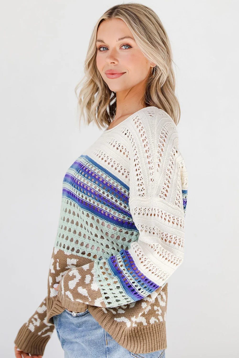 Leopard Striped Round Neck Crochet Knit Top - Image 5