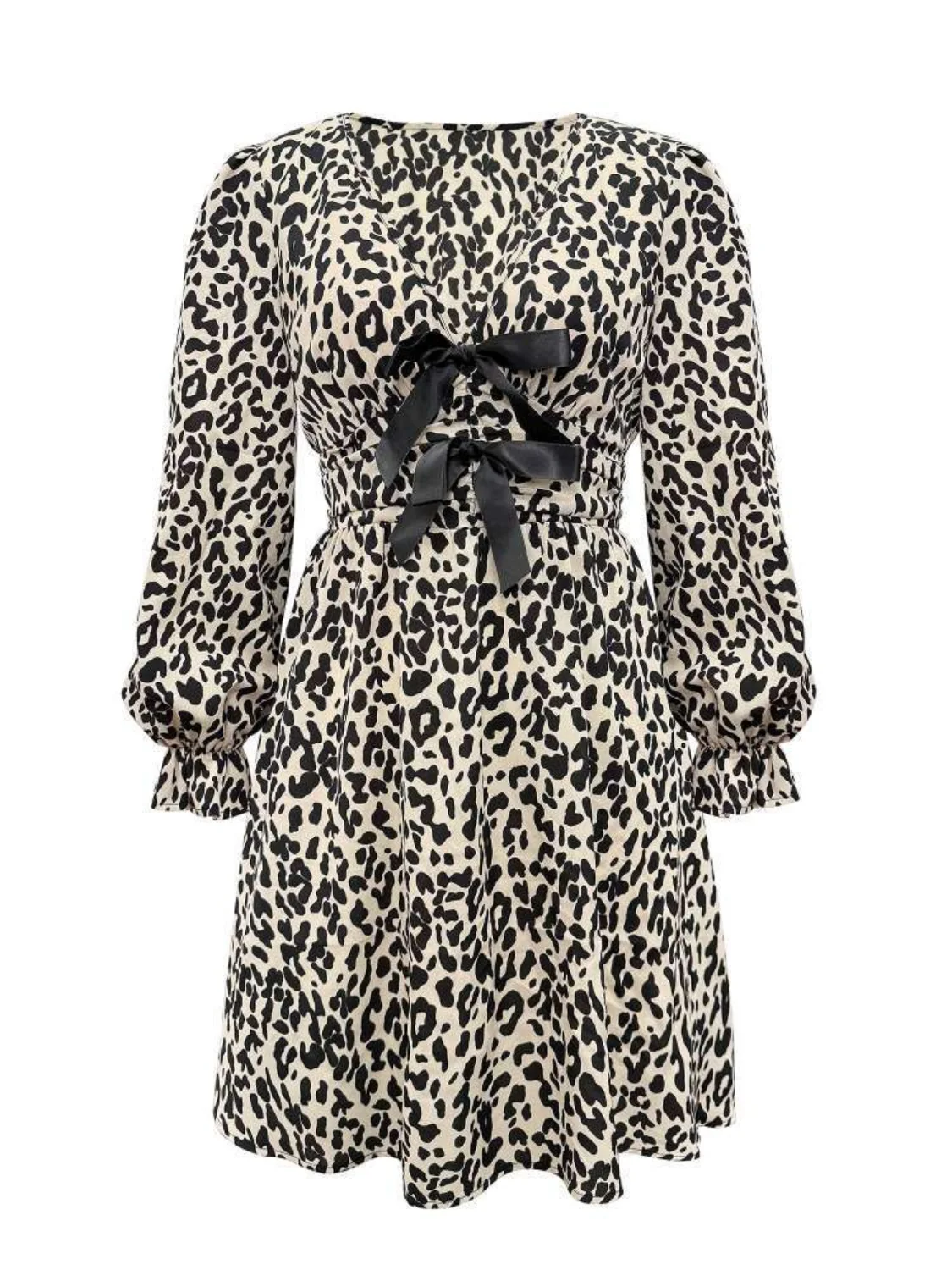 Leopard V-Neck Flounce Sleeve Dress - Image 4