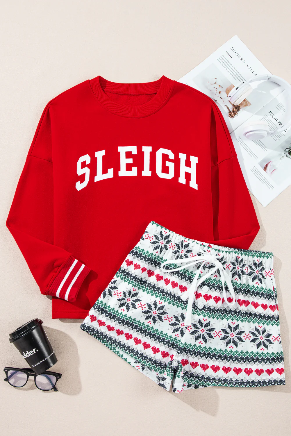 Letter Graphic Round Neck Top and Printed Shorts Lounge Set - Image 8