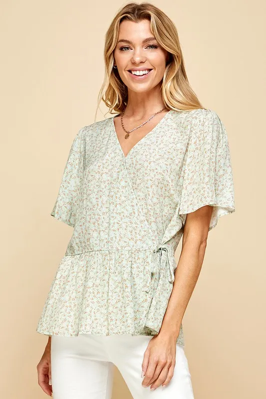 Lime 'N' Chili Ditsy Print V-Neck Short Sleeve Wrap Blouse - Image 5