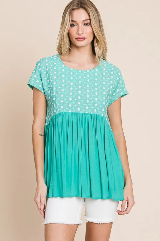 Lime 'N' Chili Full Size Embroidered Short Sleeve Pleated Babydoll Top Plus Size
