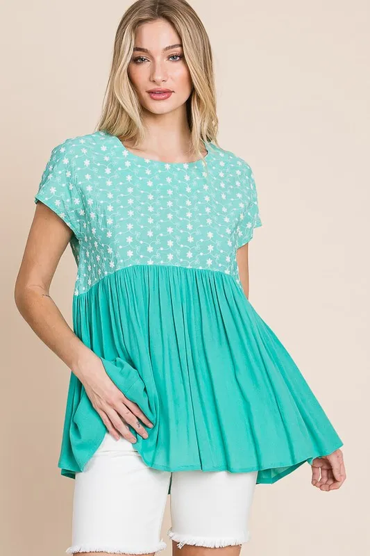 Lime 'N' Chili Full Size Embroidered Short Sleeve Pleated Babydoll Top Plus Size - Image 5